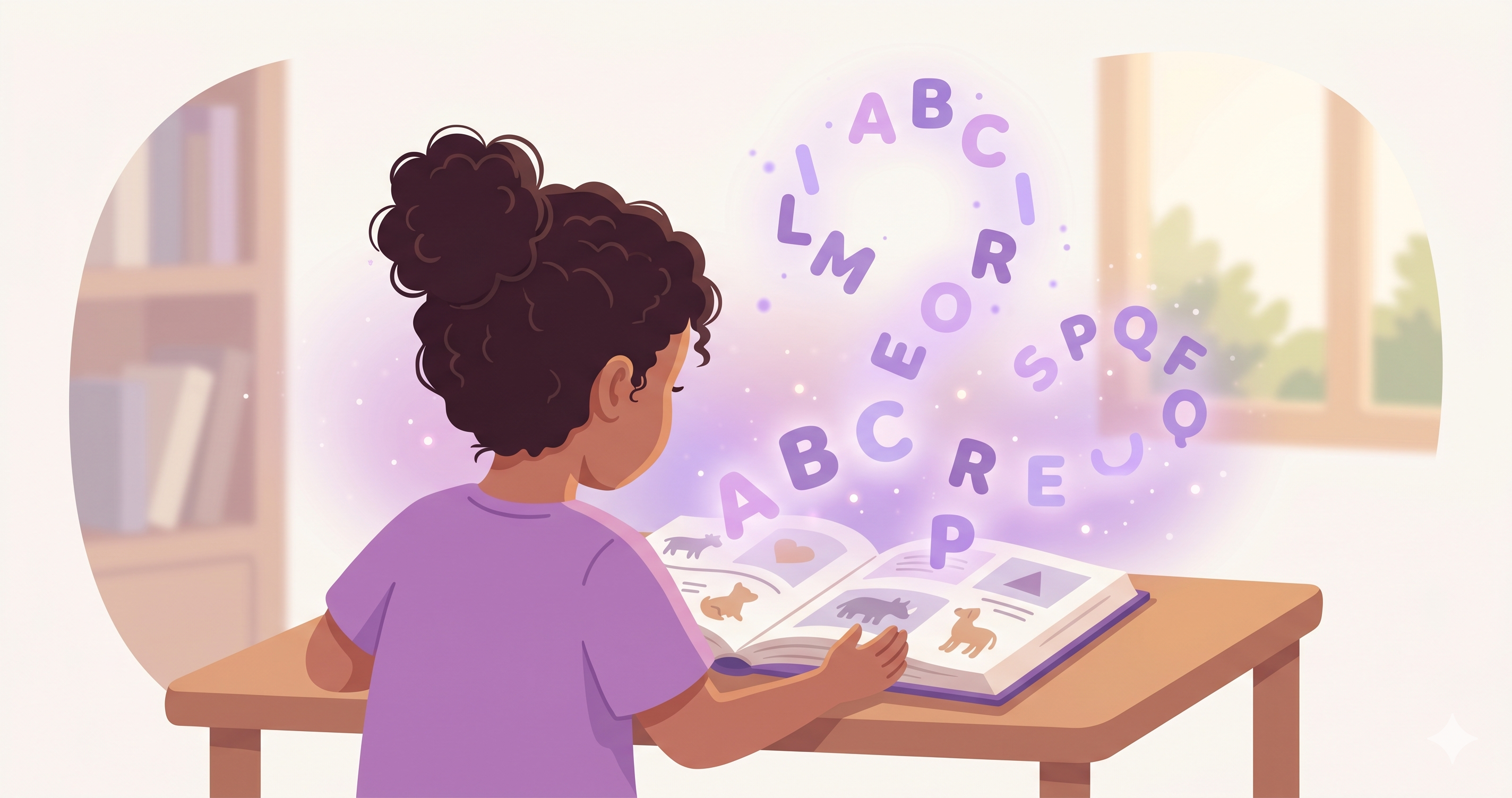 Criança sentada à mesa com livro aberto, olhando com expressão pensativa — representando dificuldades de leitura
