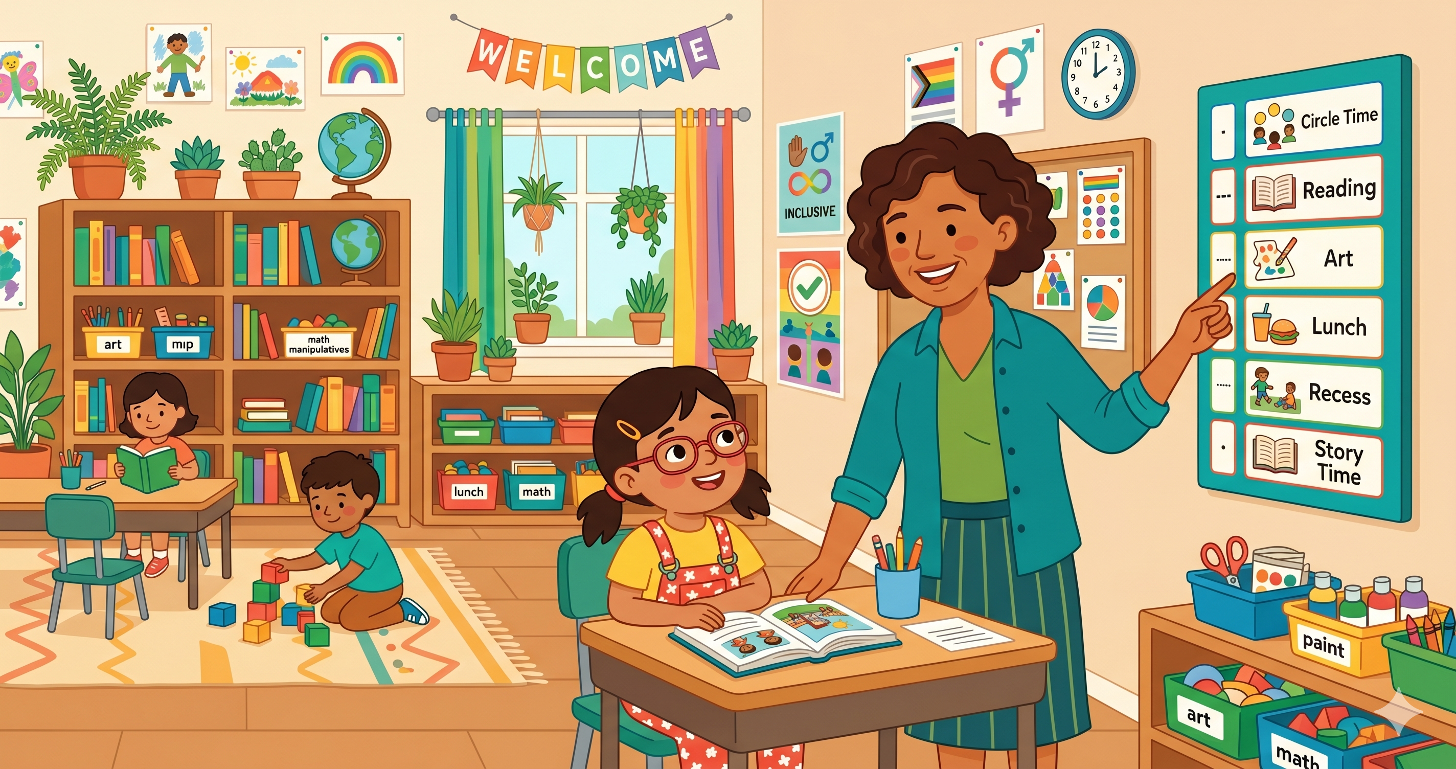 Criança em sala de aula inclusiva com professor ao lado, ilustração flat em tons de verde e amarelo suave