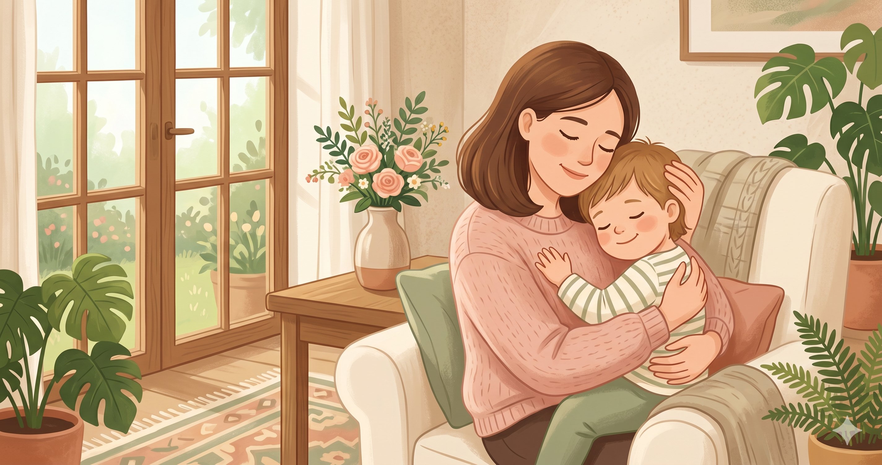 Mãe abraçando filho com expressão amorosa e acolhedora