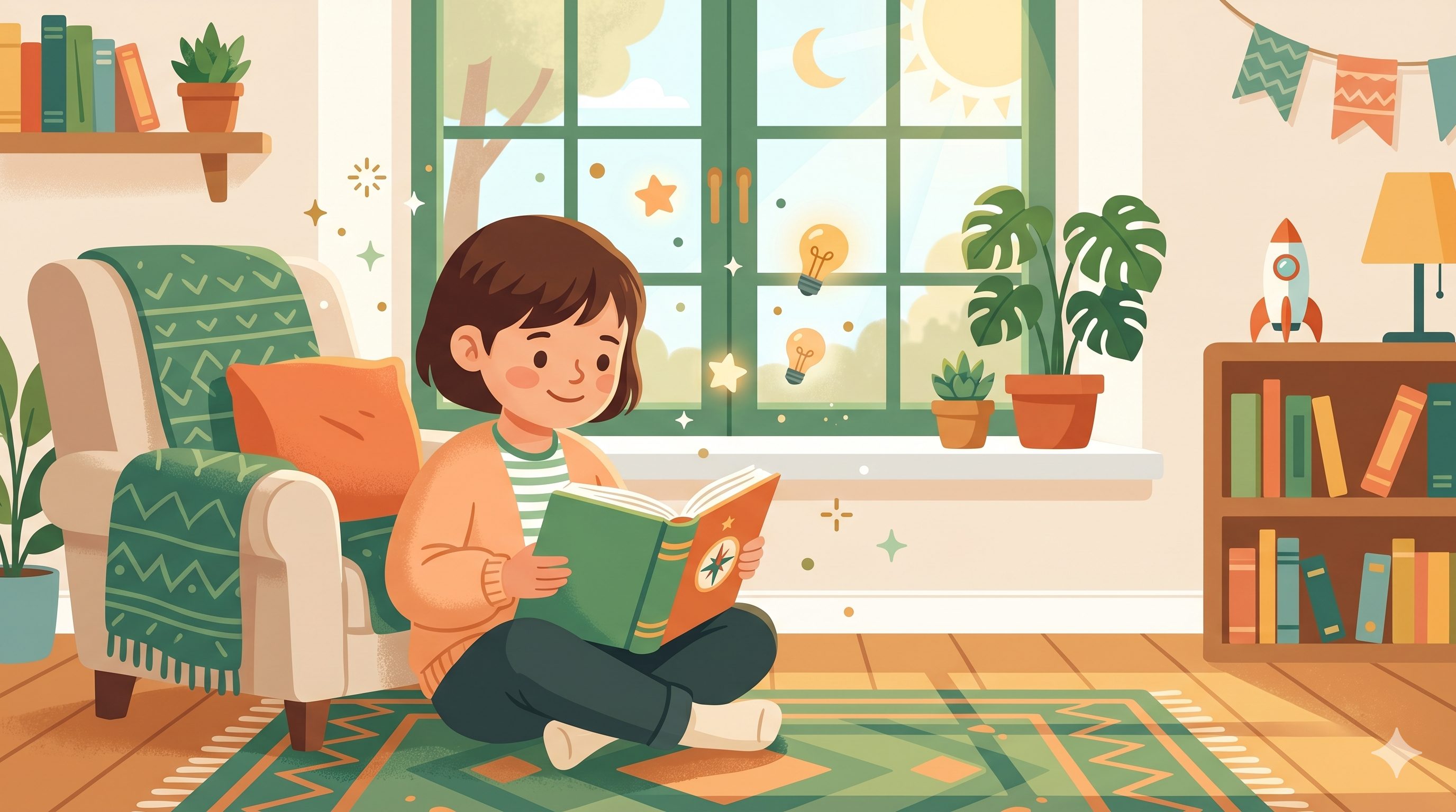 Criança lendo um livro com sorriso no rosto, sentada perto de uma janela iluminada