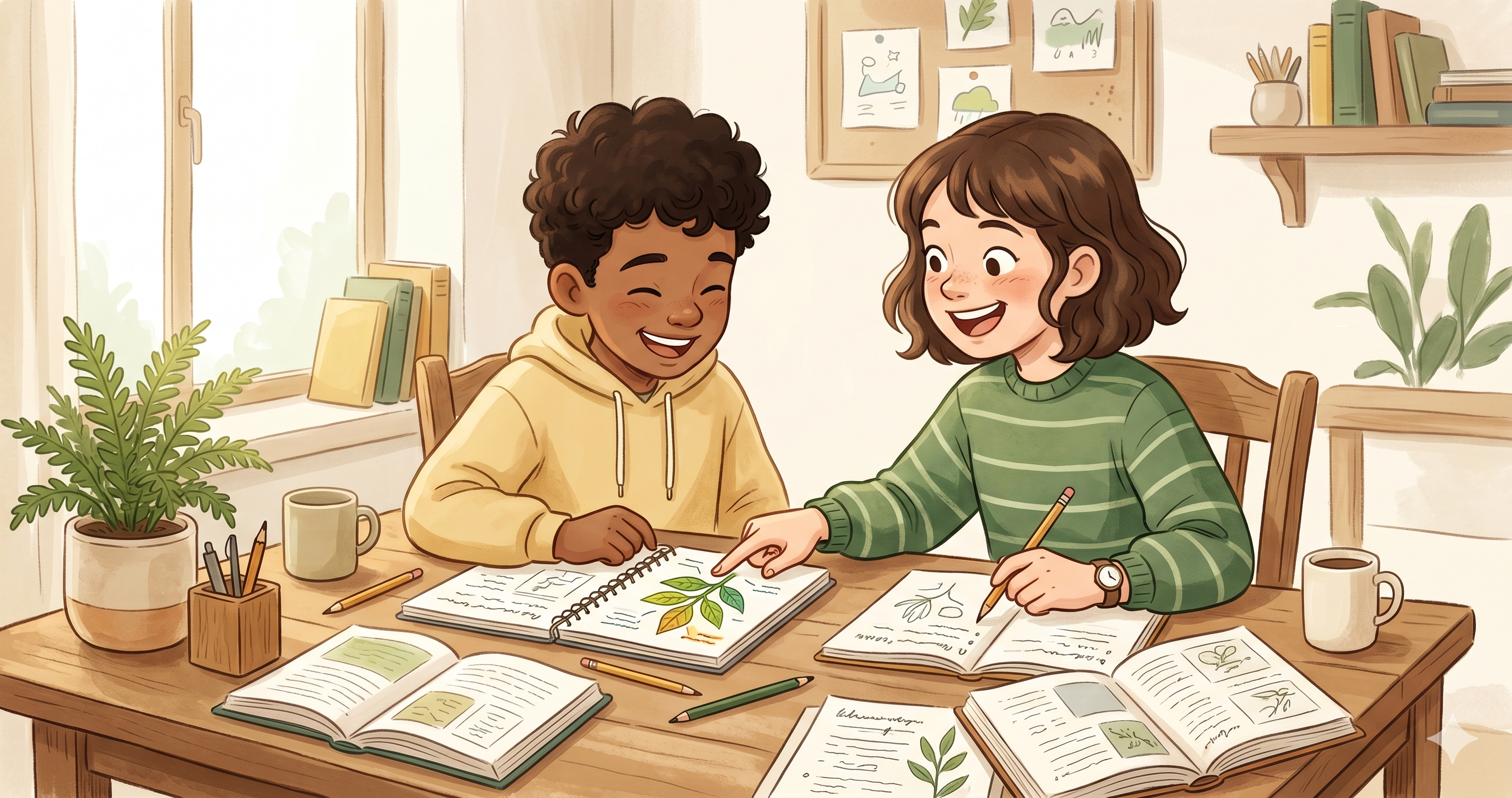 Duas crianças estudando juntas em mesa, uma apontando algo no caderno da outra com expressão animada