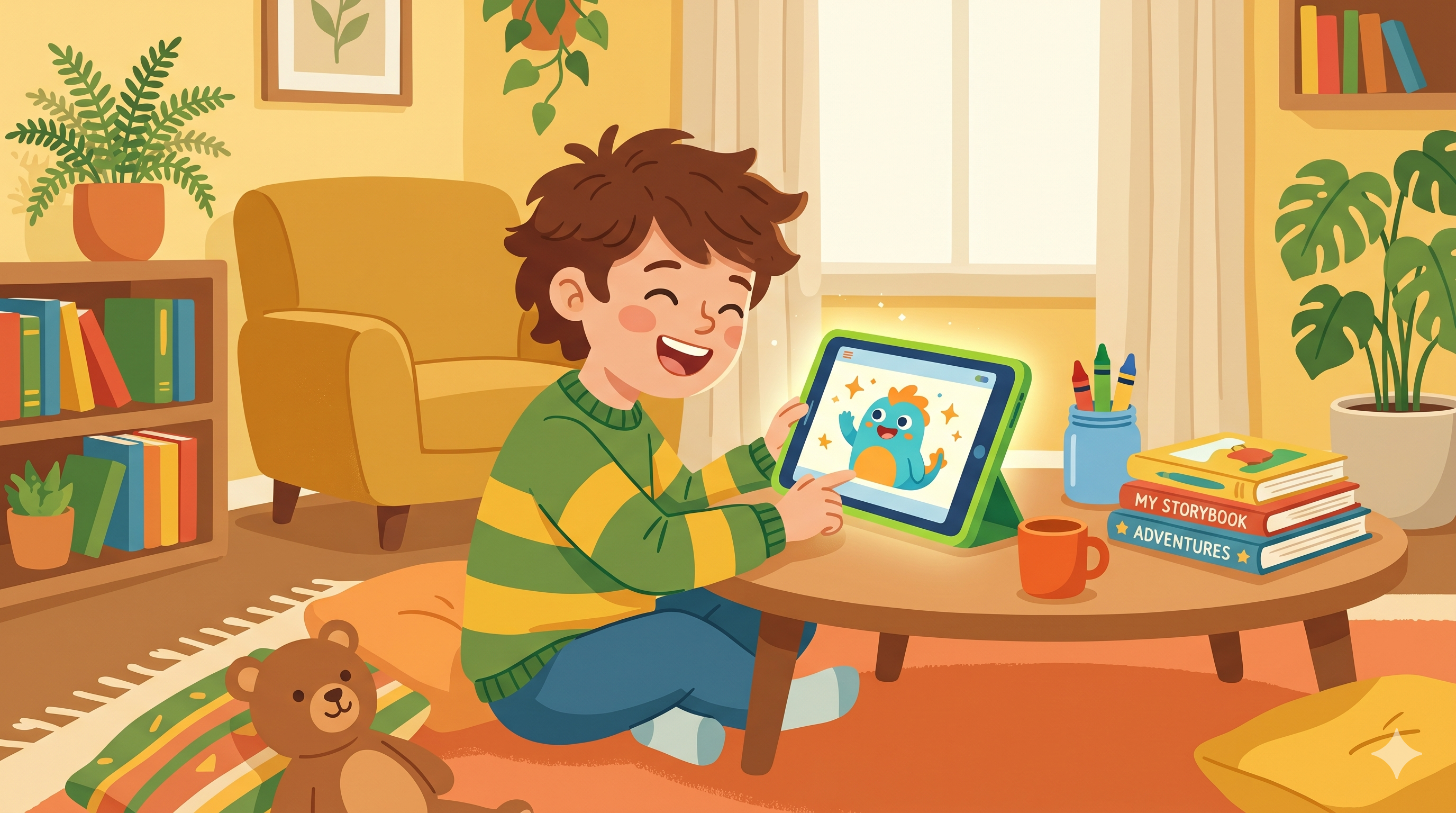 Criança usando tablet com interface colorida e personagem animado amigável