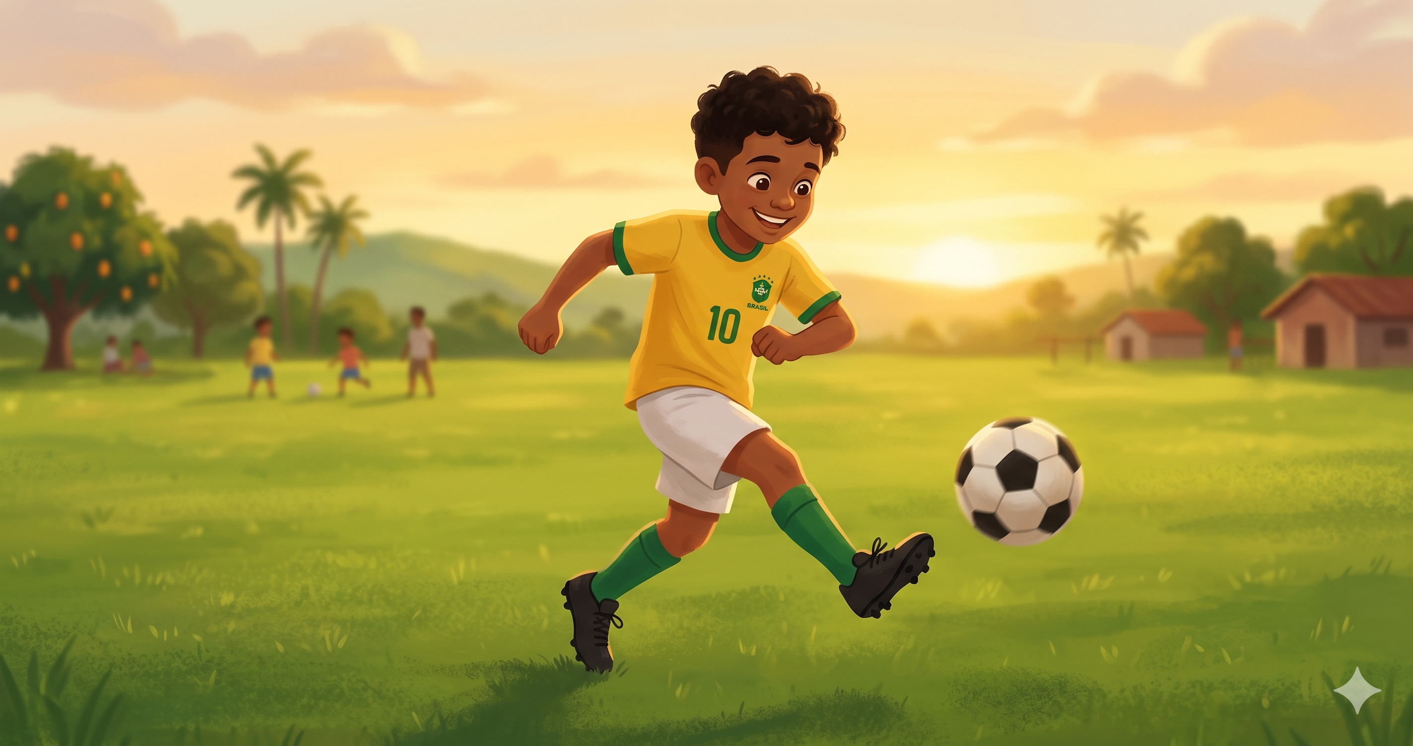 Criança chutando bola em campo aberto com expressão determinada e feliz