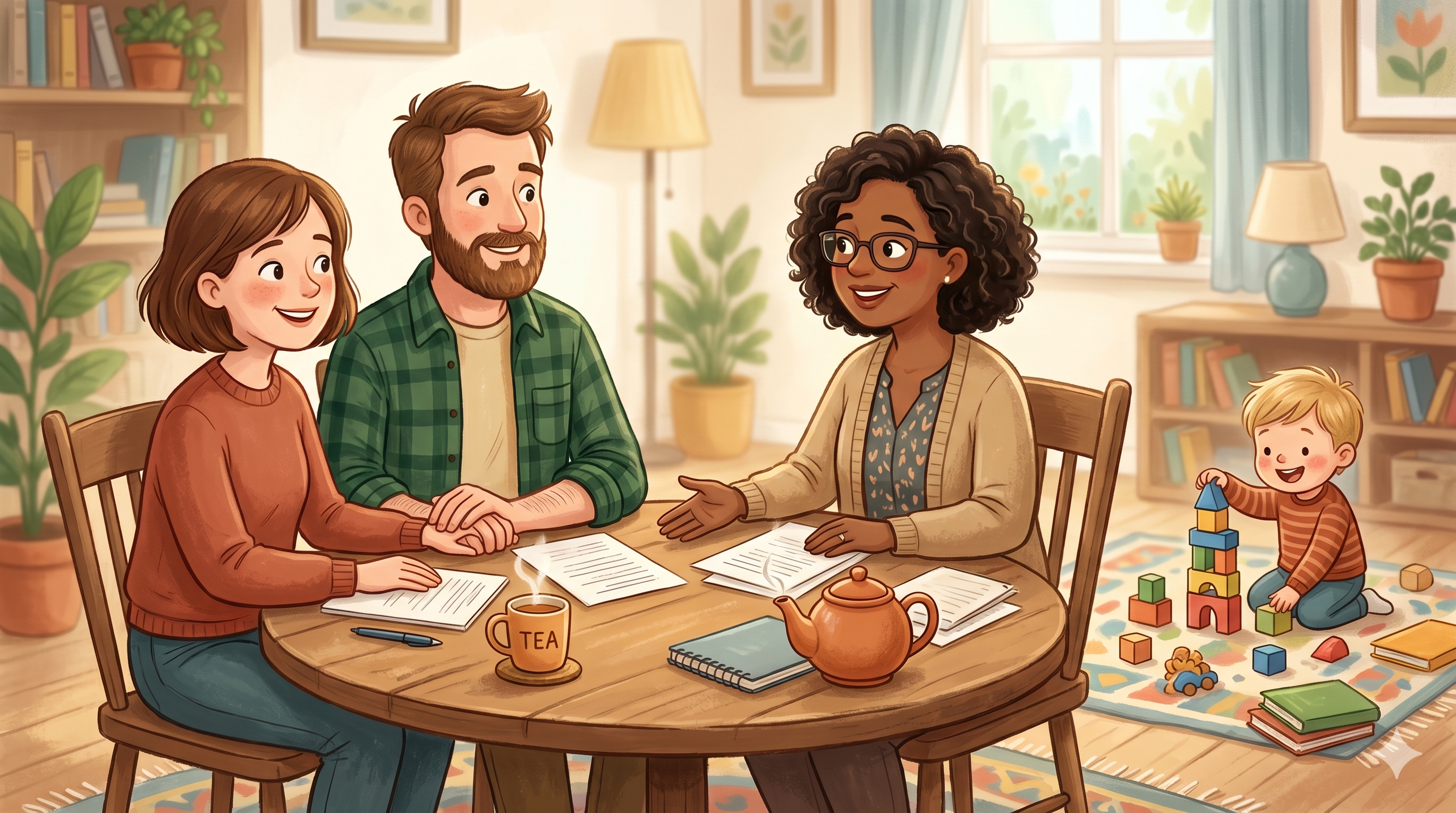 Pai e mãe conversando com profissional de saúde enquanto criança brinca ao fundo, ilustração flat em tons de verde e bege