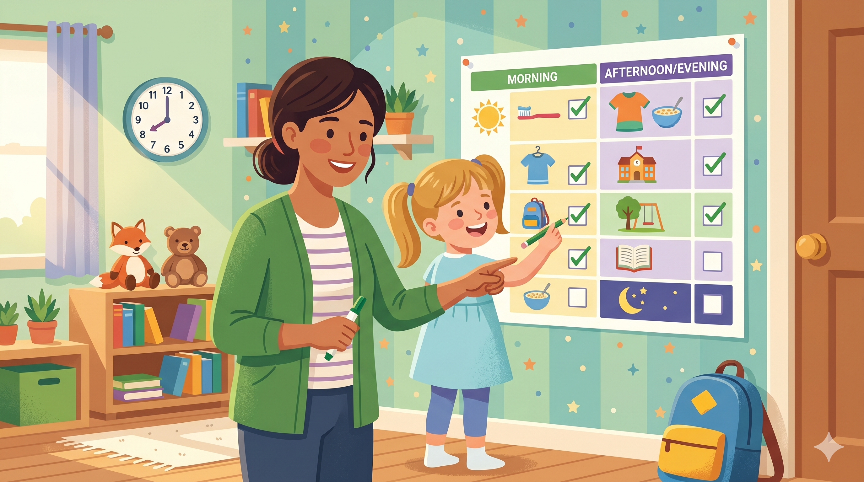 Quadro visual colorido com rotina diária fixado na parede de um quarto infantil